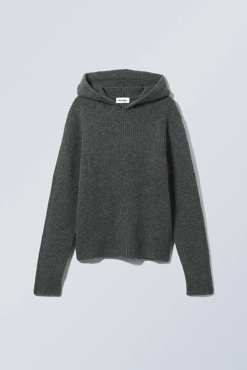 Dark gray hooded sweater, ribbed texture
