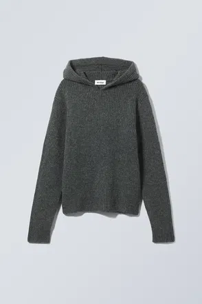 Dark gray hooded sweater, ribbed texture