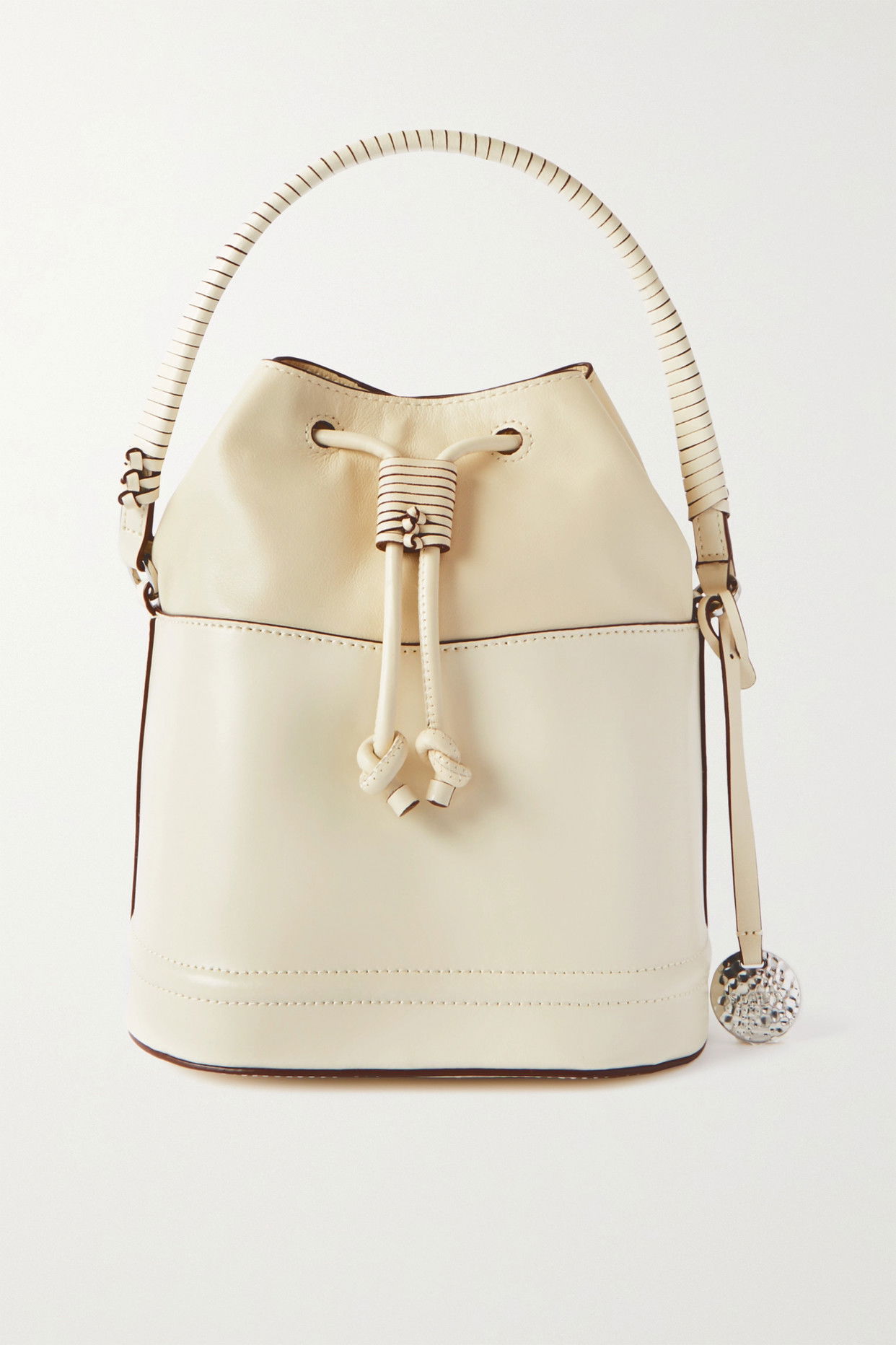 STAUD Agnes Paneled Leather Bucket Bag in Cream | Endource