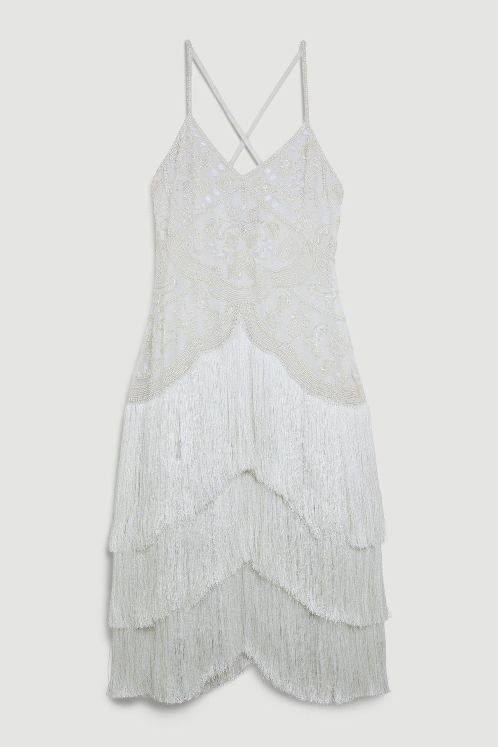 KAREN MILLEN Fringe And Beaded Halter Neck Midi Dress in Ivory Endource