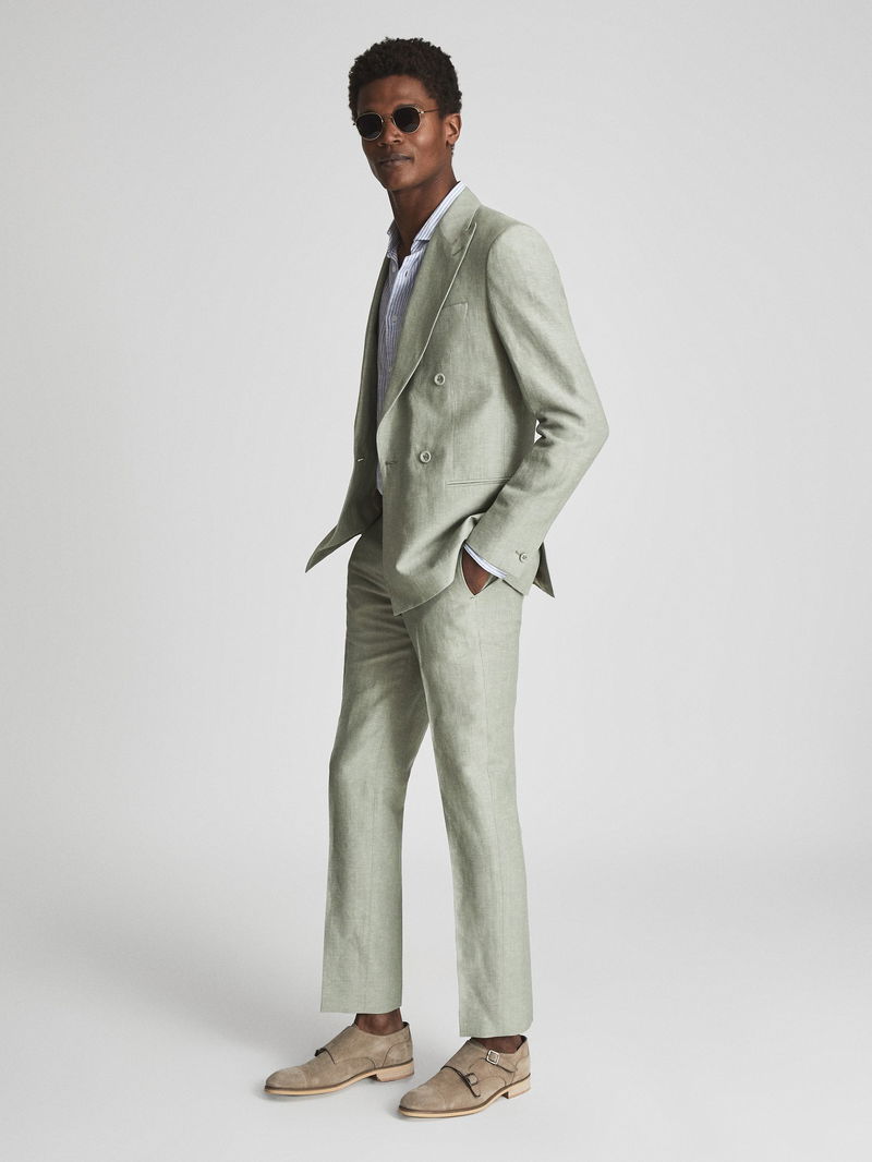 REISS Sage Hue Double Breasted Linen Blend Blazer | endource