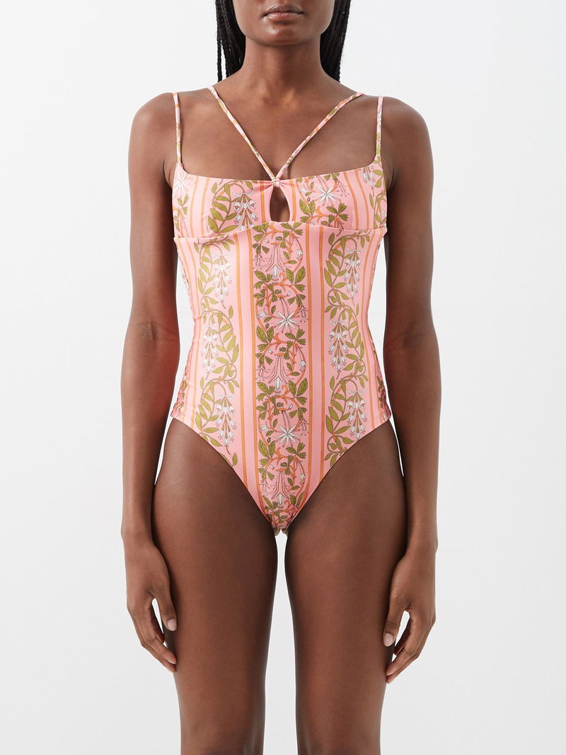 Mesh-paneled cutout floral-print underwired swimsuit