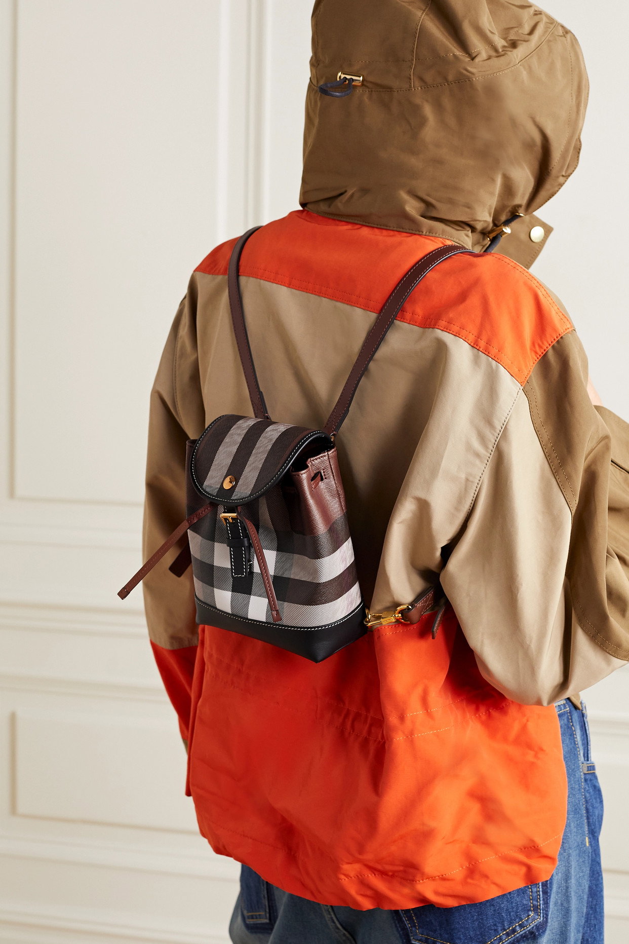 check and leather micro backpack Coated Canvas Crafted from full grain leather BURBERRY BROWN CHECK MICRO BACKPACK
