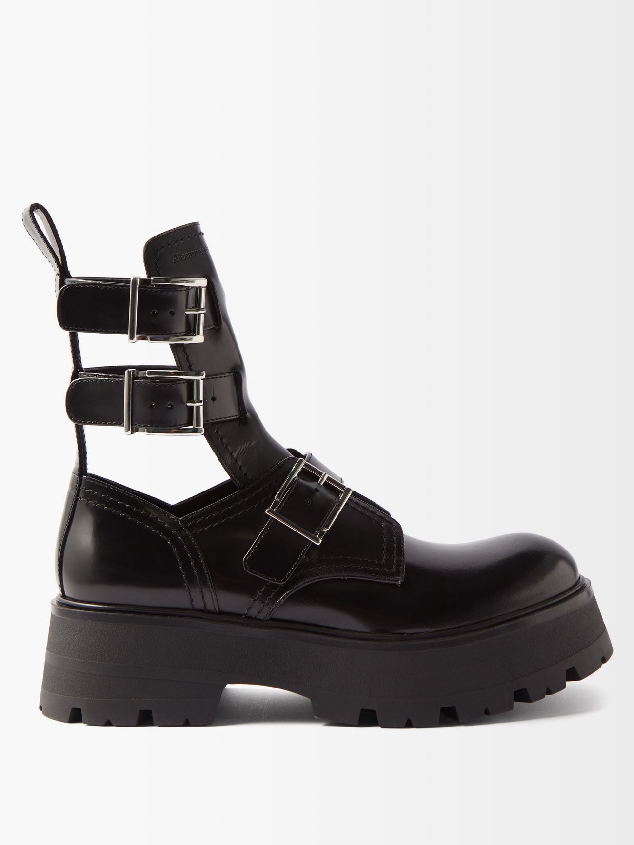 ALEXANDER MCQUEEN Cutout Buckled Leather Ankle Boots in Black