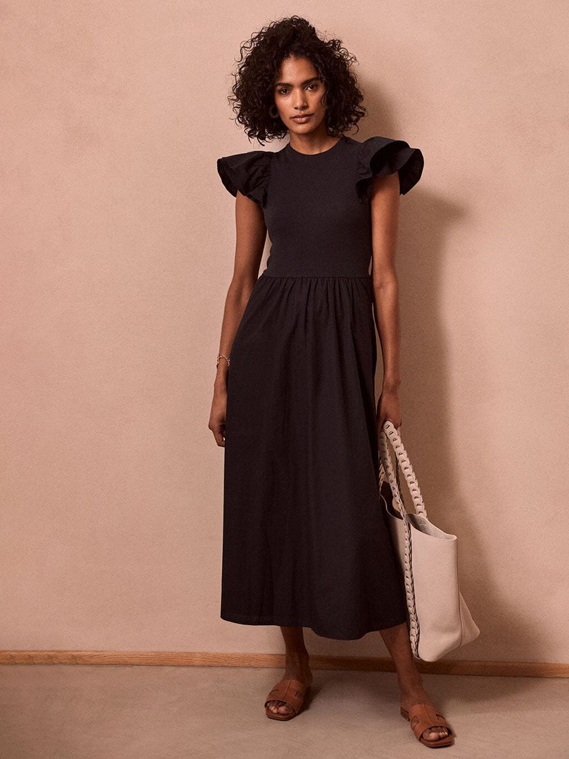 knee length dresses for ladies Navy Leaf Print Ruffle Detail Midi Dress  Mint Velvet