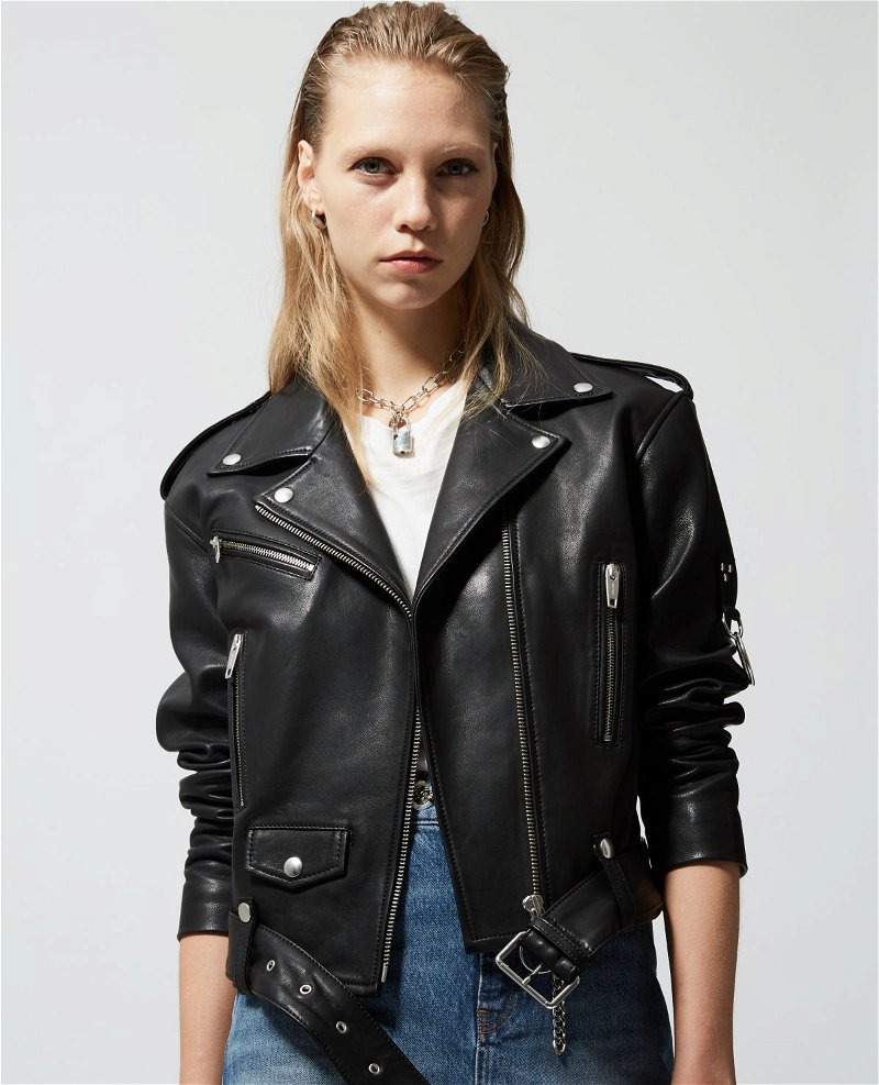 Black leather biker jacket with zippers