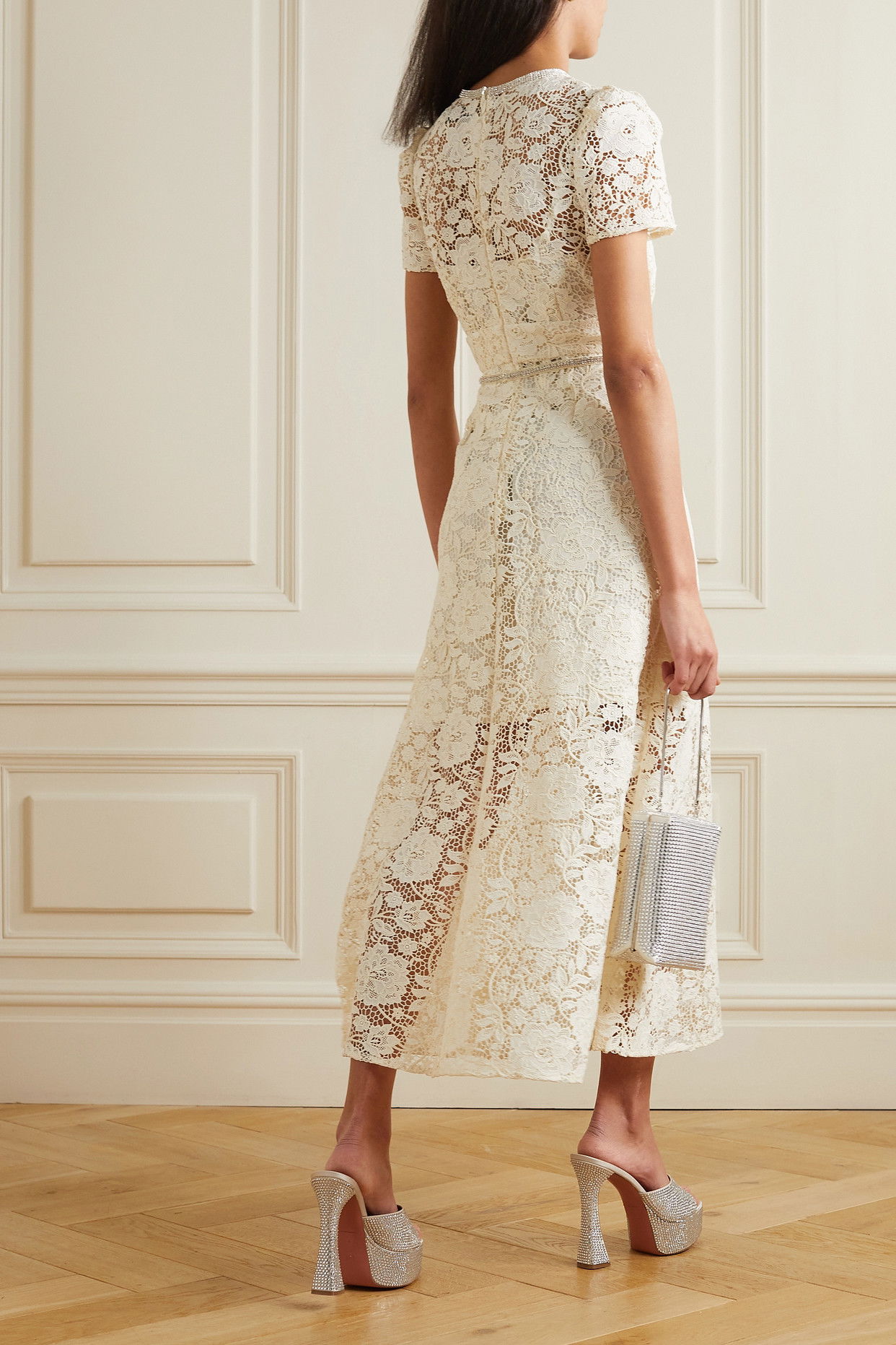 knee length dresses for ladies Rent The Off-the-Shoulder Crystal-Embellished Mesh Midi Dress By Self  Portrait main image 0