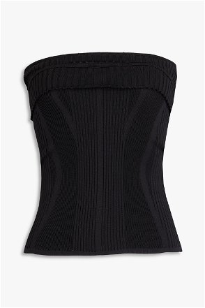 SELF-PORTRAIT Button-Embellished Ribbed-Knit Strapless Top in Black