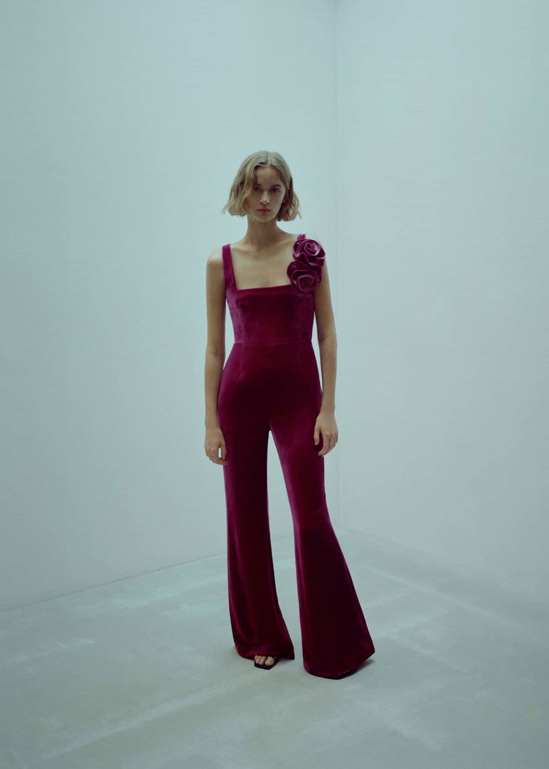 MANGO Flared Velour Jumpsuit With Wide Straps endource