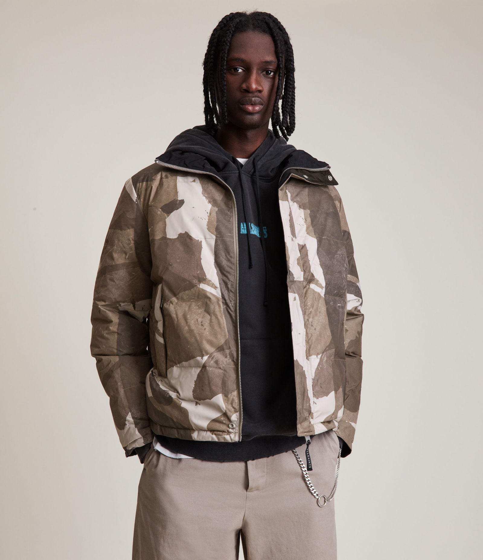 ALLSAINTS Novern Camo Reversible Jacket in KHAKI CAMO/BLACK | Endource