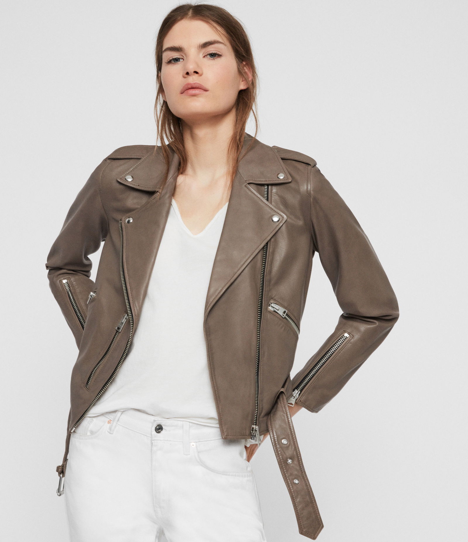 ALLSAINTS Balfern Leather Biker Jacket in Stone | Endource