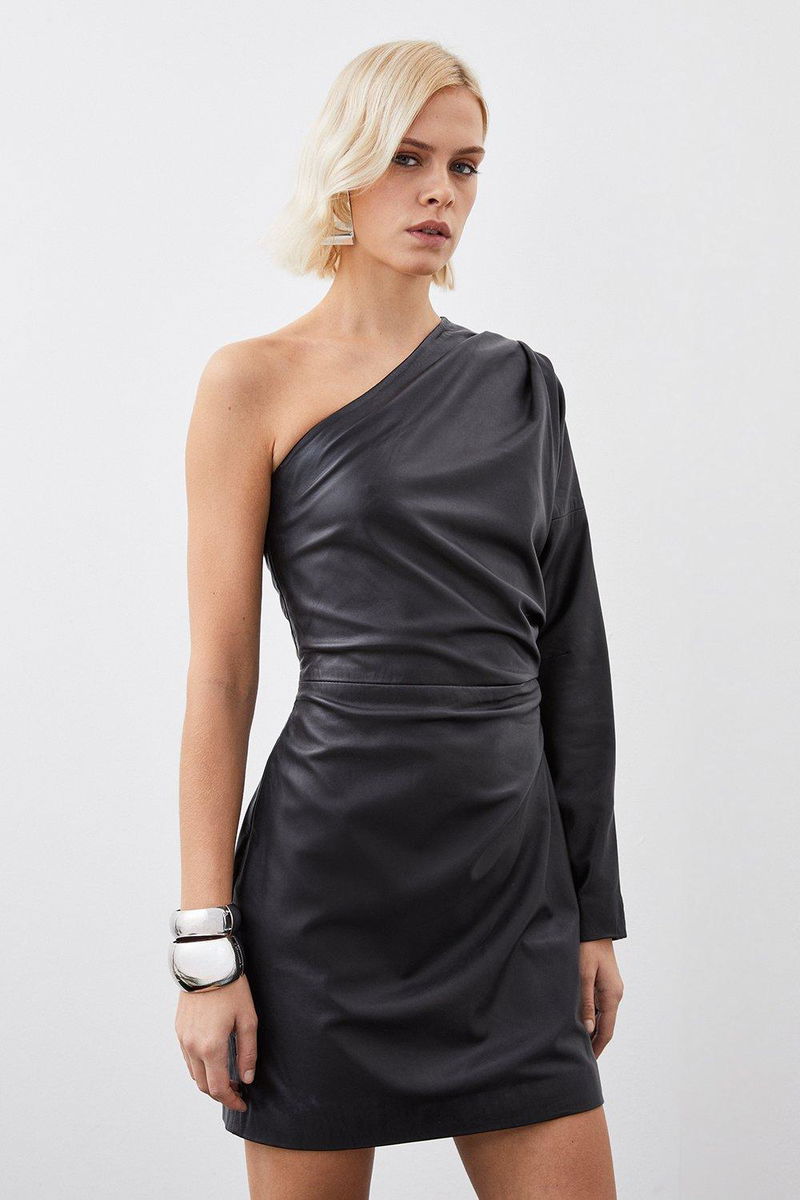 KAREN MILLEN Leather One Shoulder Mini Dress | endource