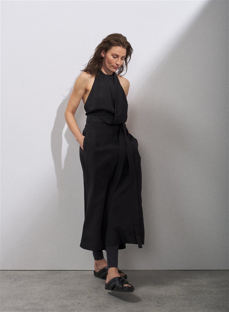 Black Wrap Halter Front Midi Dress