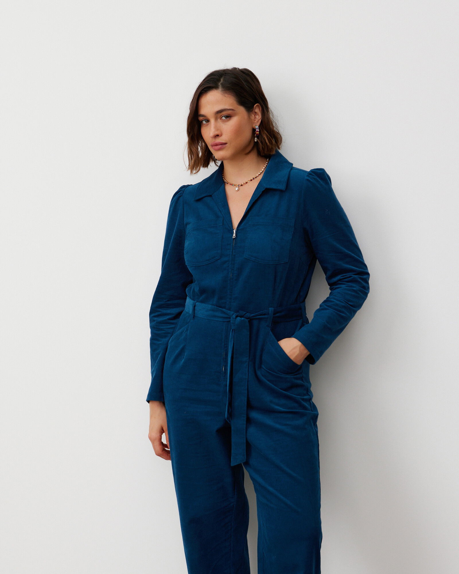 OLIVER BONAS Corduroy Puff Sleeve Jumpsuit in Blue Endource