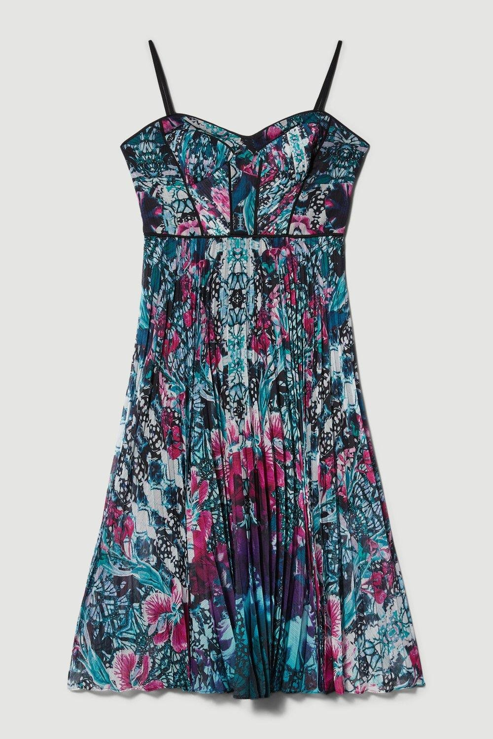 Ombre Spring Floral Pleat Corset Detail Strappy Midi Dress