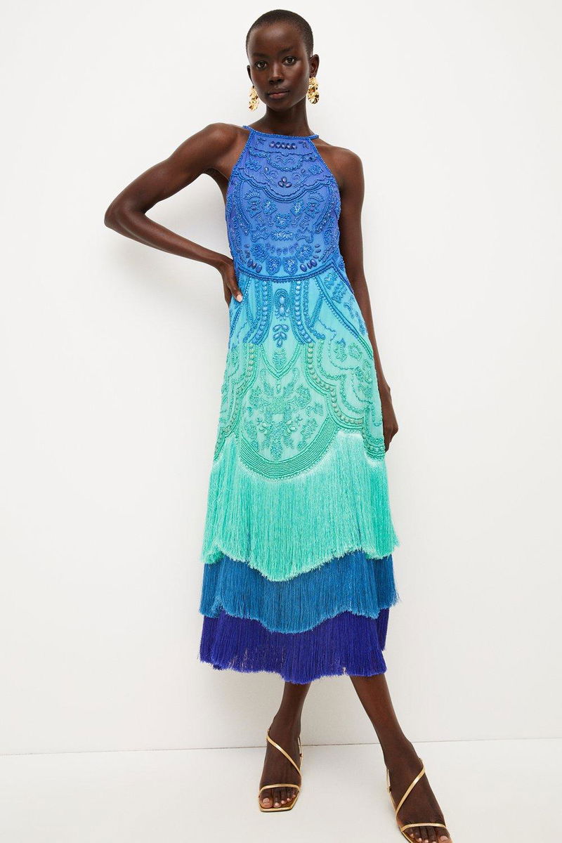 KAREN MILLEN Ombre Fringe Strappy Beaded Maxi Dress | endource