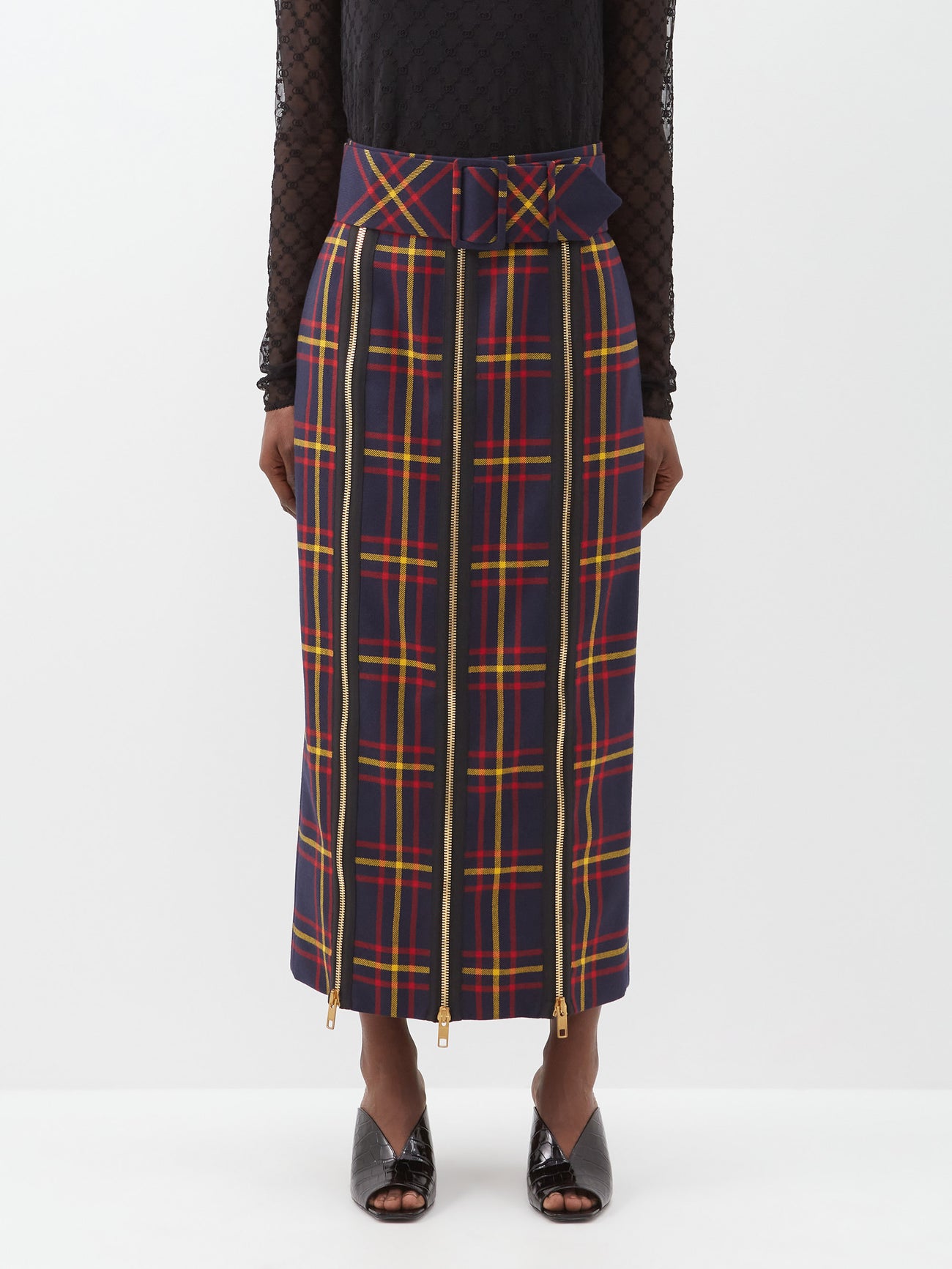 GUCCI High-Waist Belted Zip-Front Wool Tartan Skirt endource