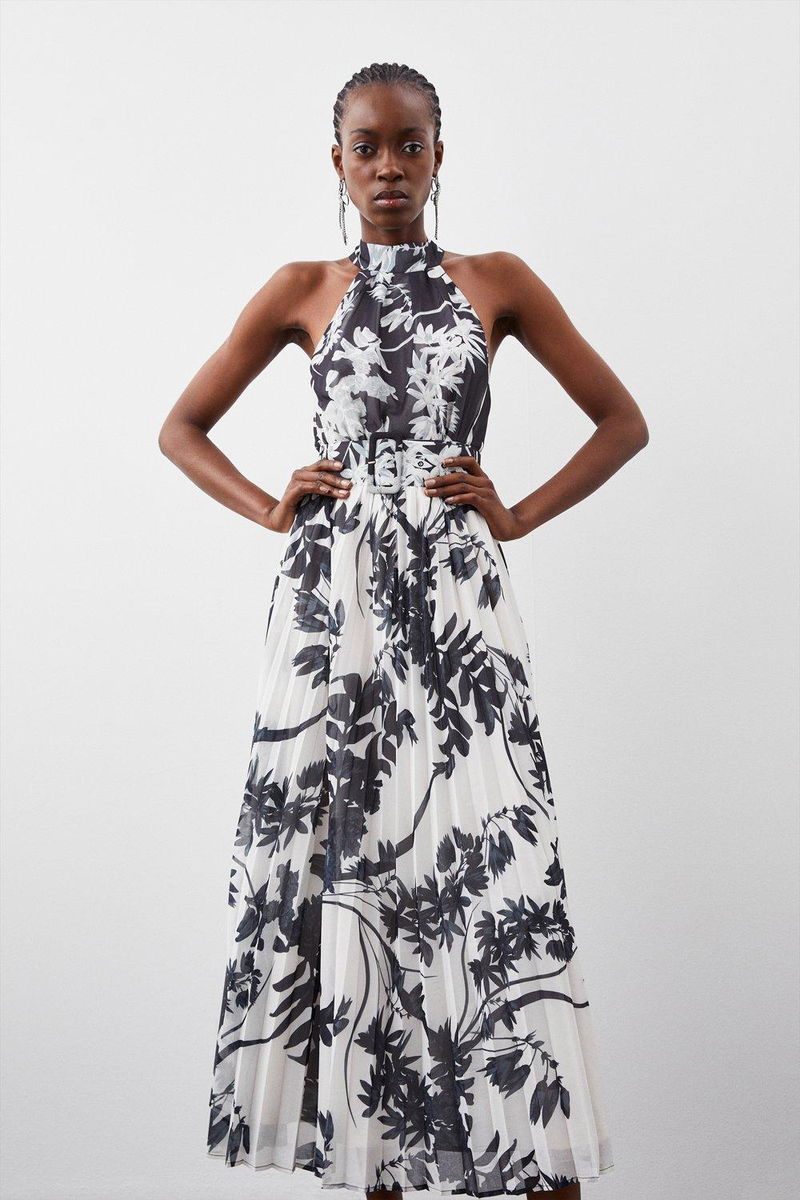 Printed High Neck Belted Midi Waisted Dress