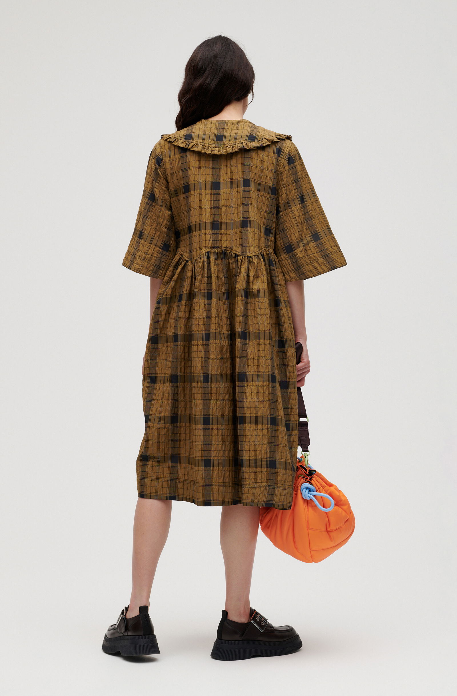 knee length dresses for ladies Ganni checkered seersucker shirred midi dress