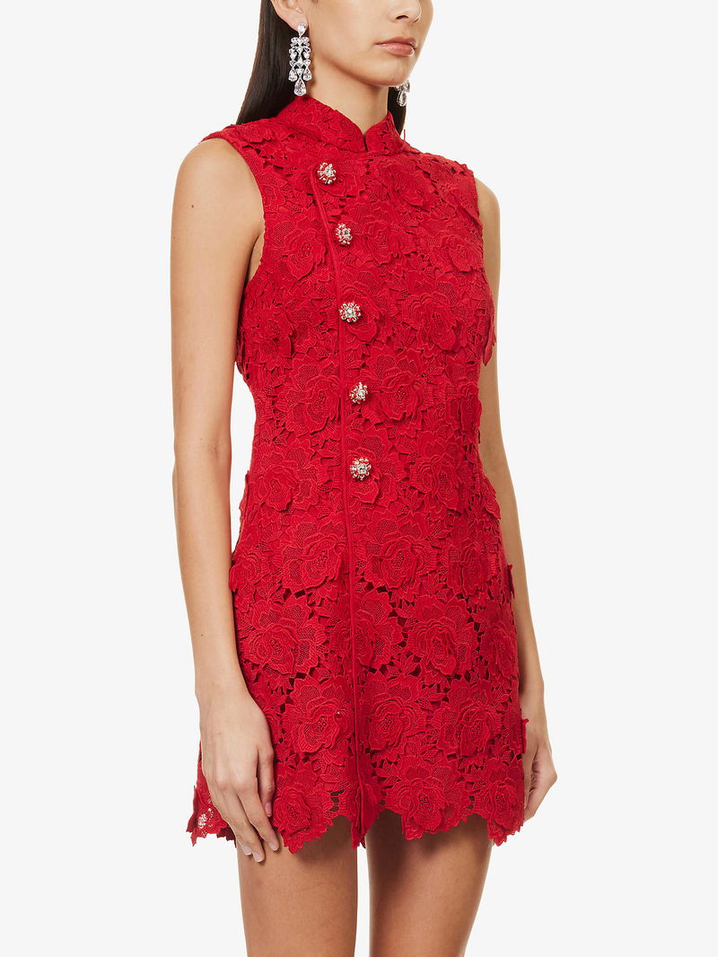 strapless open back dress CNY Red Flower Lace Mini Dress