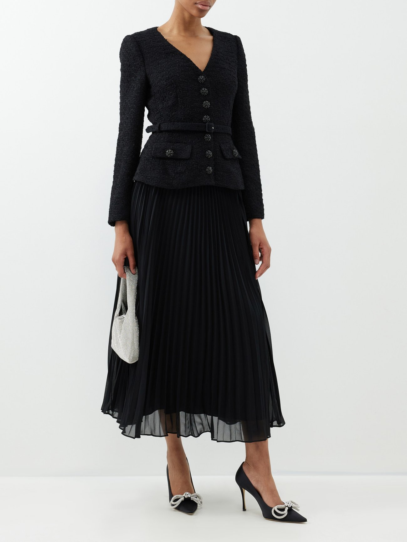 self-portrait black boucle chiffon midi dress SELF-PORTRAIT Boucl And Pleated-Chiffon Midi Dress