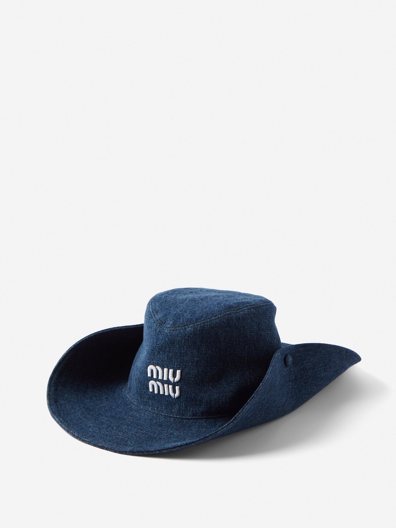 MIU MIU Logo Embroidered Denim Cowboy Hat in Navy | endource