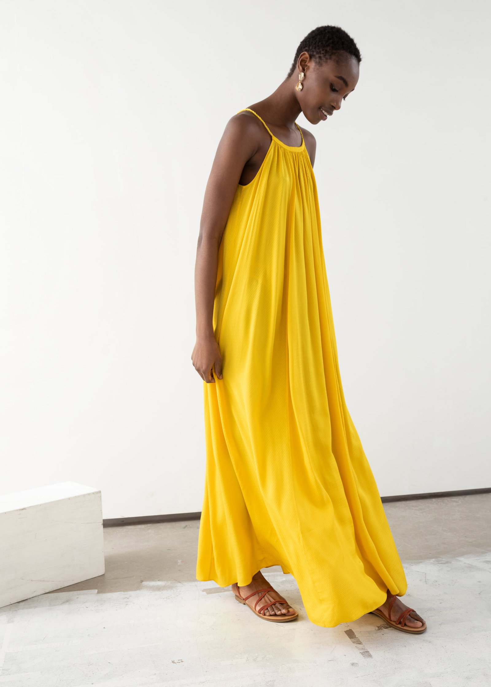 rope strap a-line maxi dress Topshop poplin ruched neck maxi sundress in ochre
