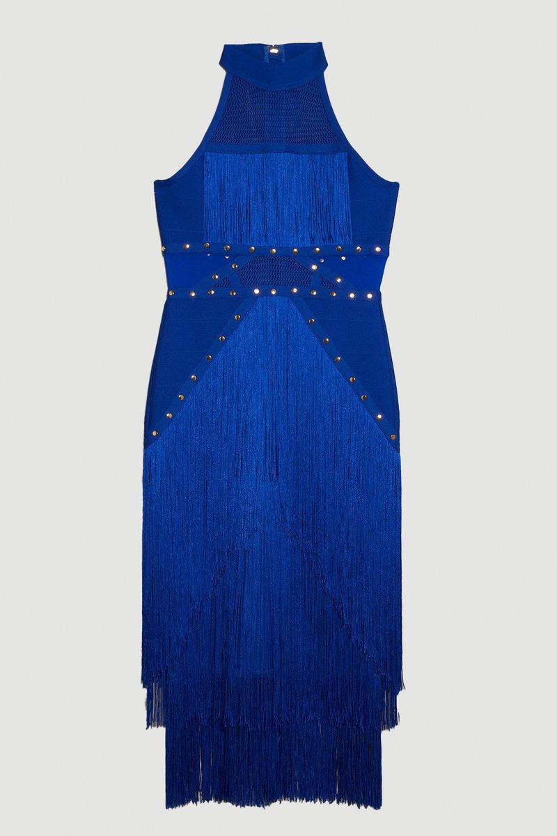 knee length dresses for ladies Kegan Black Studded Mesh High Neck Bandage Dress