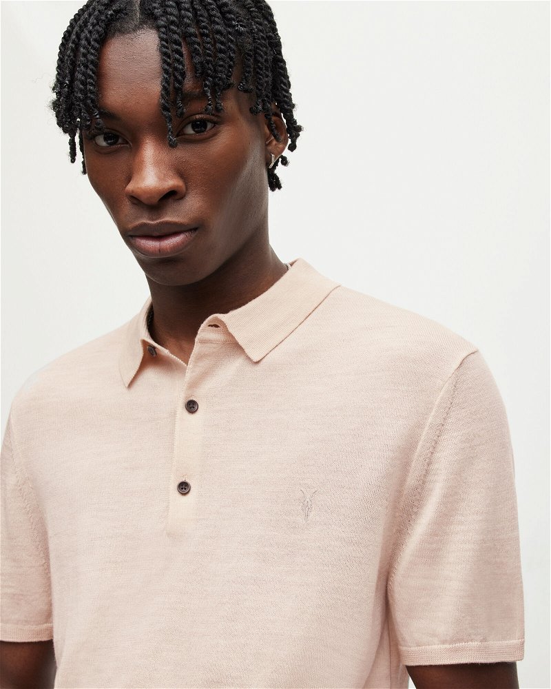 Allsaints Mode Merino Short Sleeve Polo Shirt In Biscuit Taupe Marl