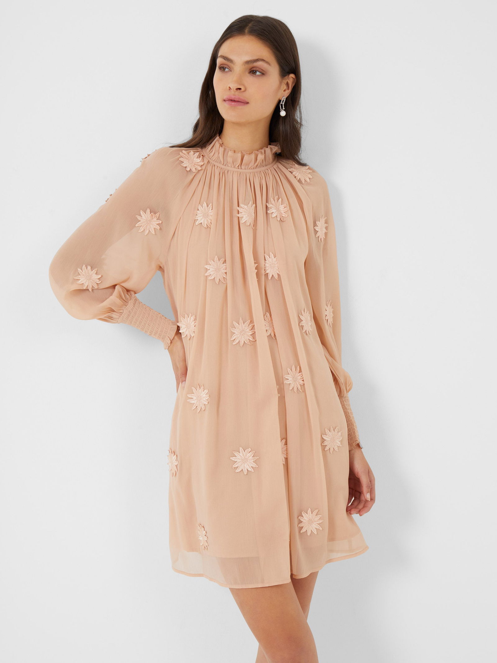 FRENCH CONNECTION Aziza Lace High Neck Mini Dress in Clay Nude Endource