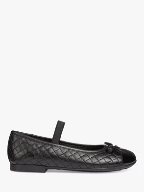Black quilted ballerina flats with a grosgrain bow.