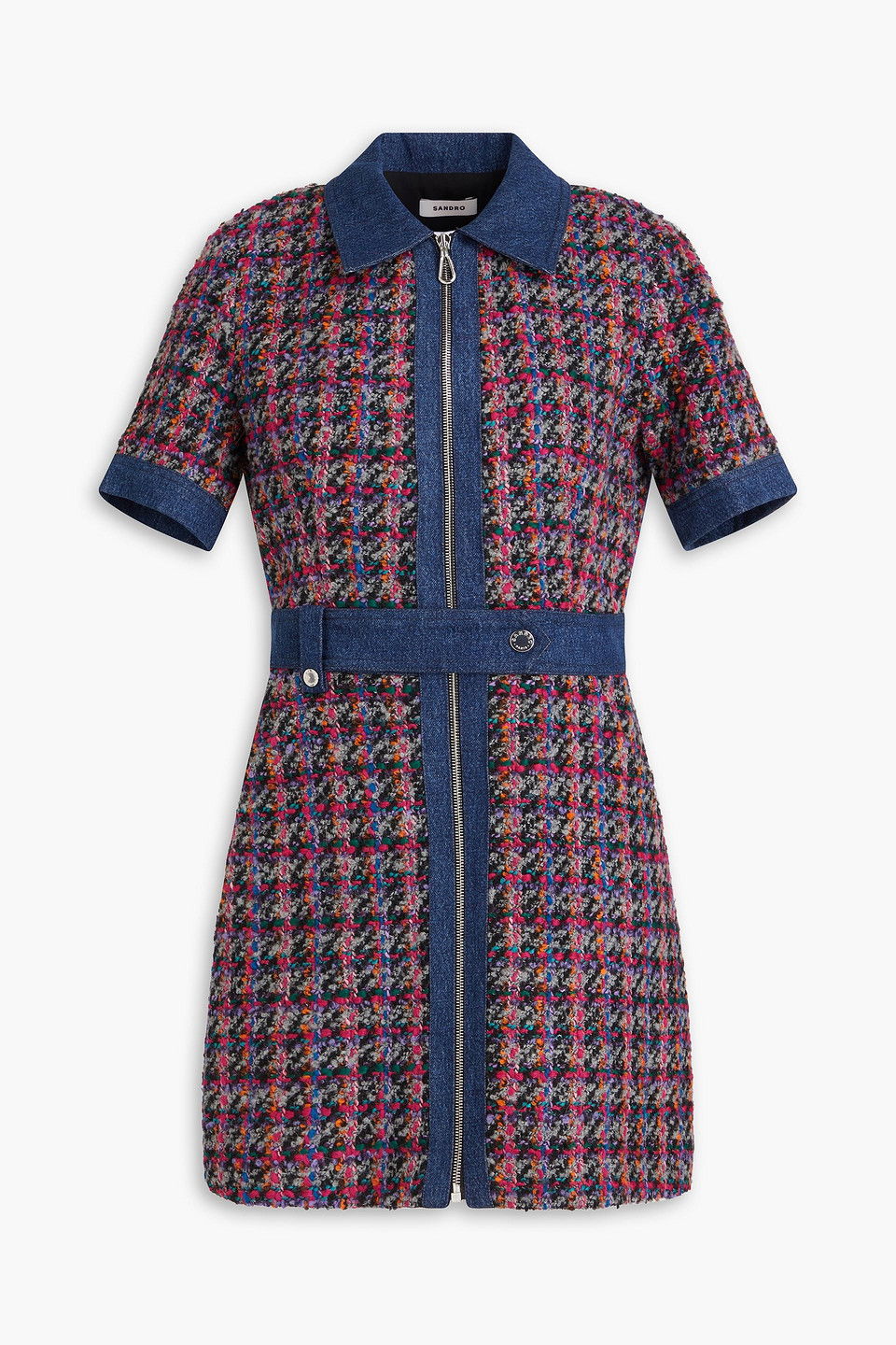 sandro seville denim trim tweed blazer mini dress SANDRO Denim-Trimmed Tweed Mini Dress