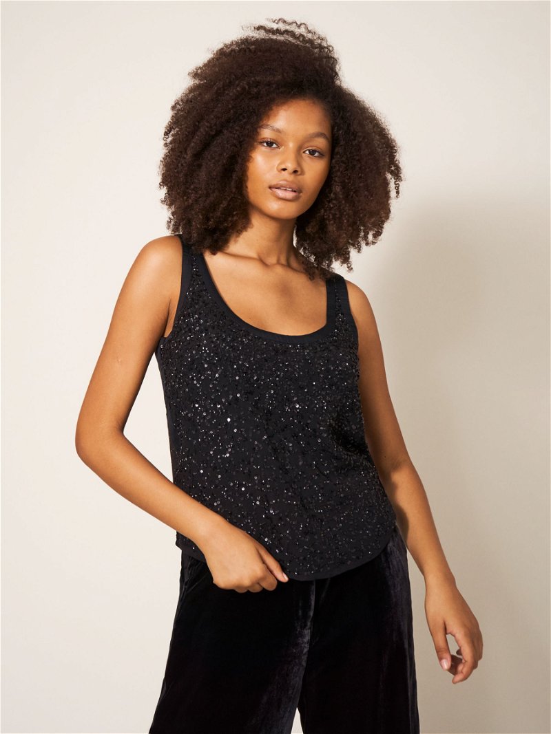 WHITE STUFF Kelsey Embellished Cami Top in Pure Black