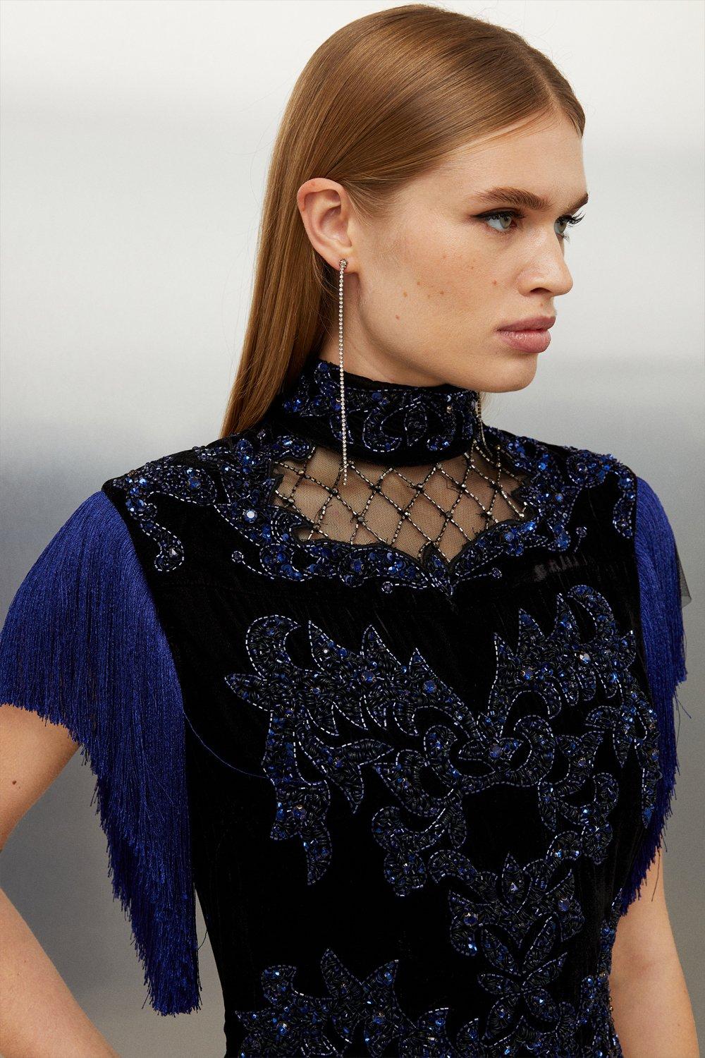 karen millen blue velvet dress Voyage Invest In The Original Blue Velvet Flower Embroidered Maxi Dress –  THE-ECHELON main image 1