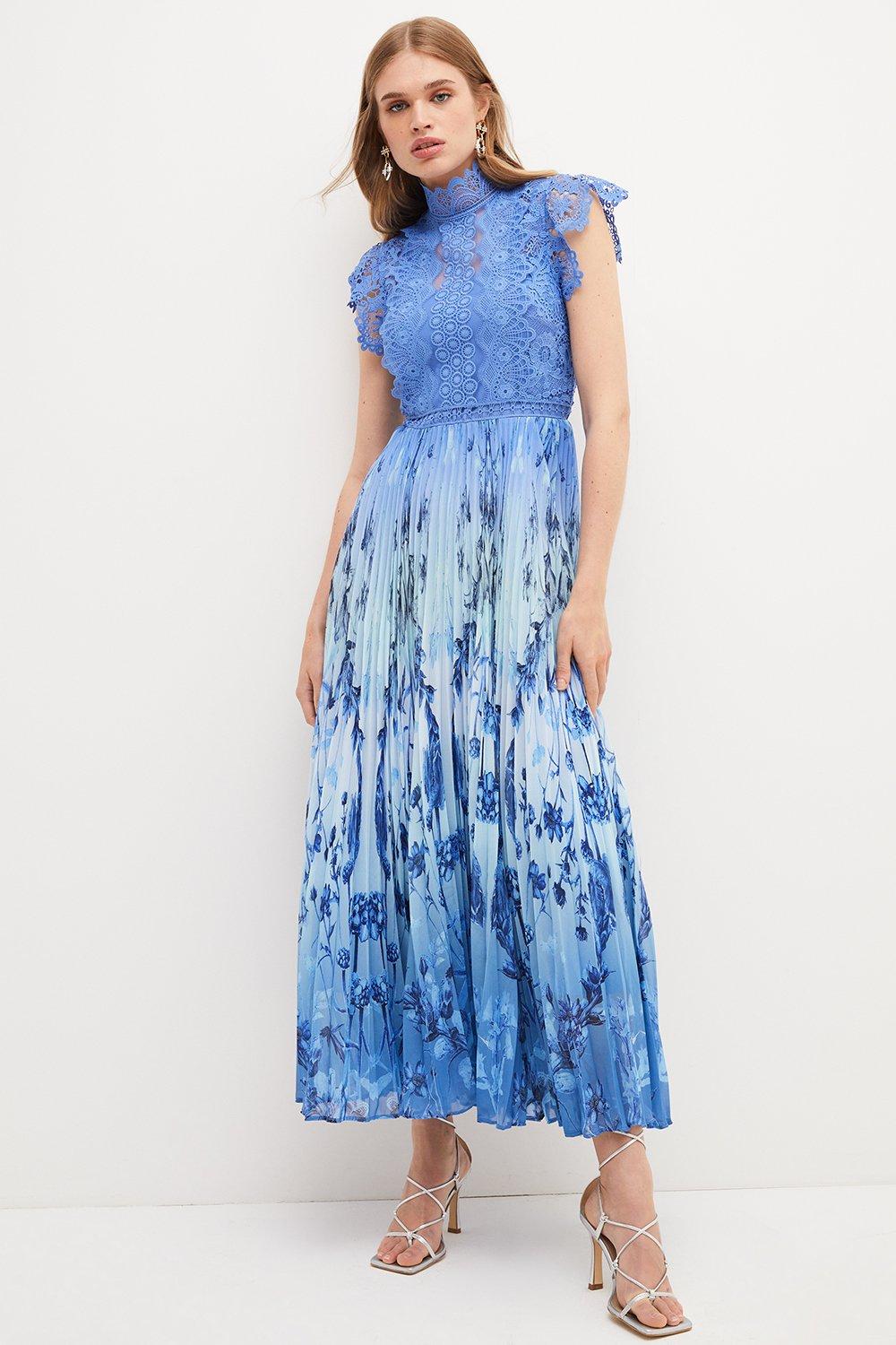 KAREN MILLEN Guipure Lace Mirrored Floral Pleat Midi Dress | endource