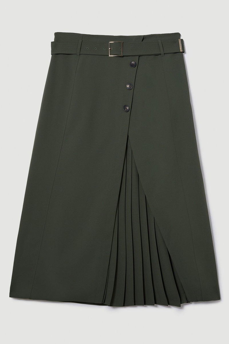 KAREN MILLEN Plus Size Belted Wrap Pleat Detail Midi Skirt in Khaki