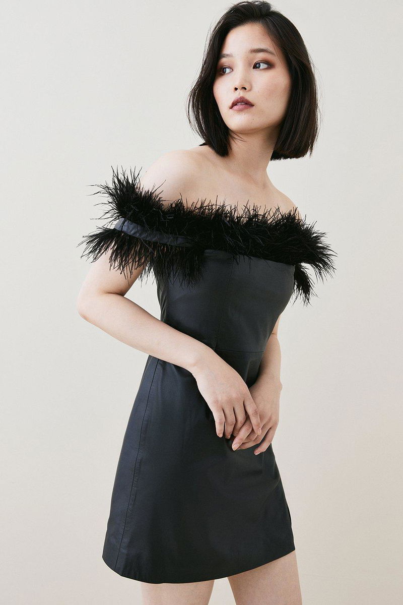 KAREN MILLEN Leather Bardot Feather Mini Dress | endource