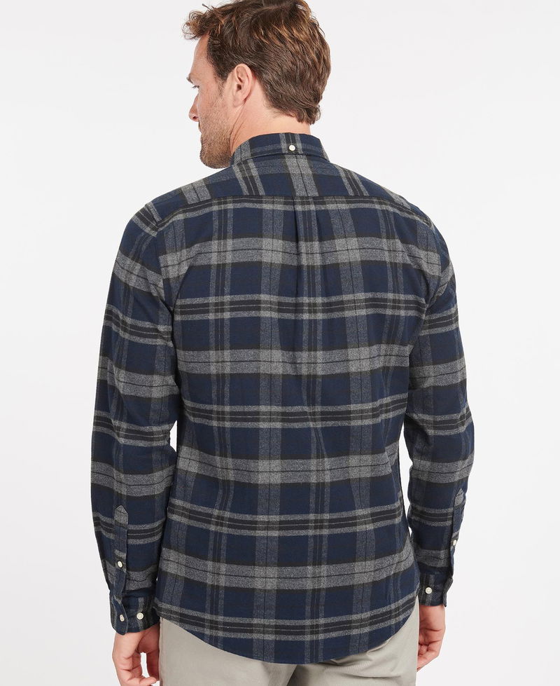 Dark blue plaid flannel shirt, back view