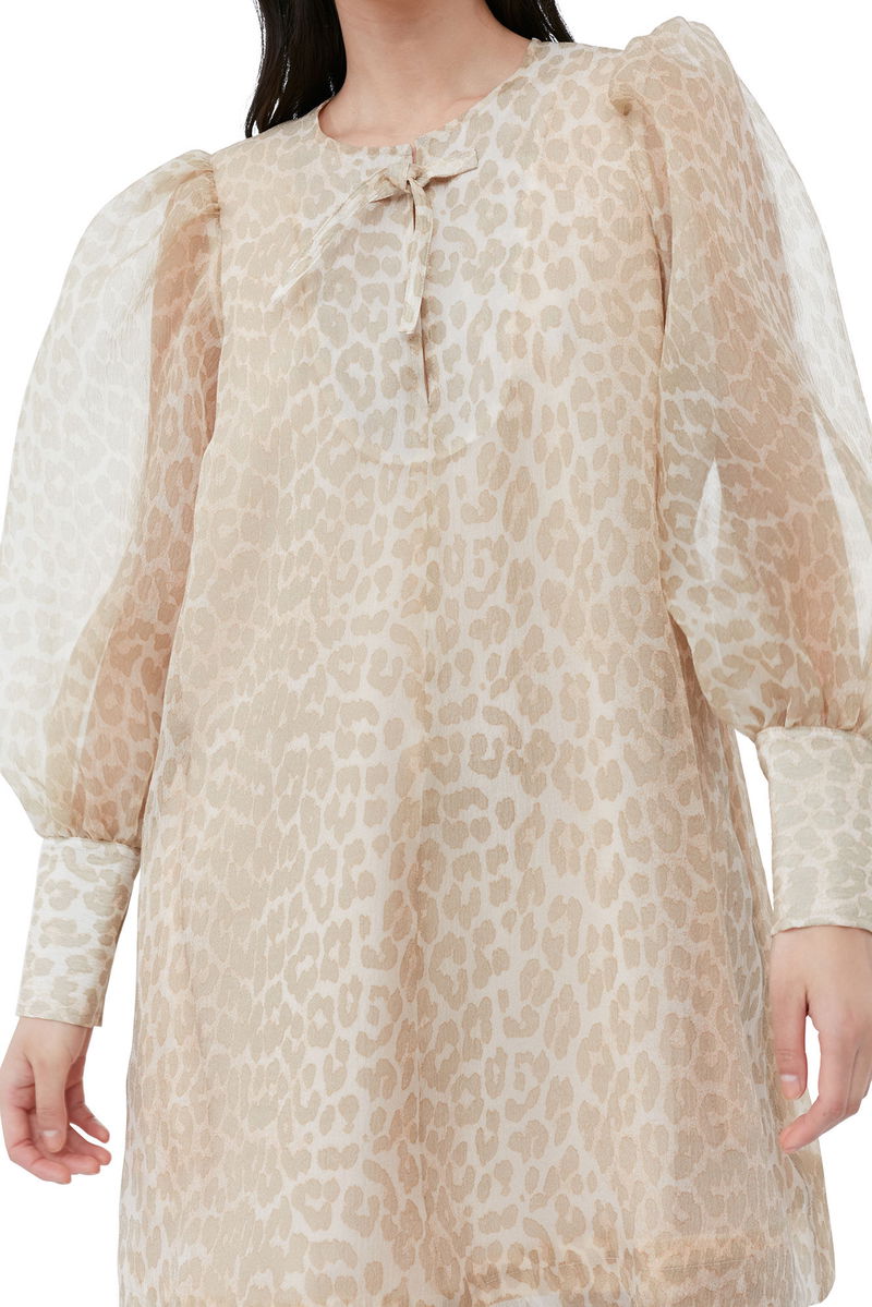 GANNI Printed Organza A-Shaped Mini Dress in Oyster Gray | endource