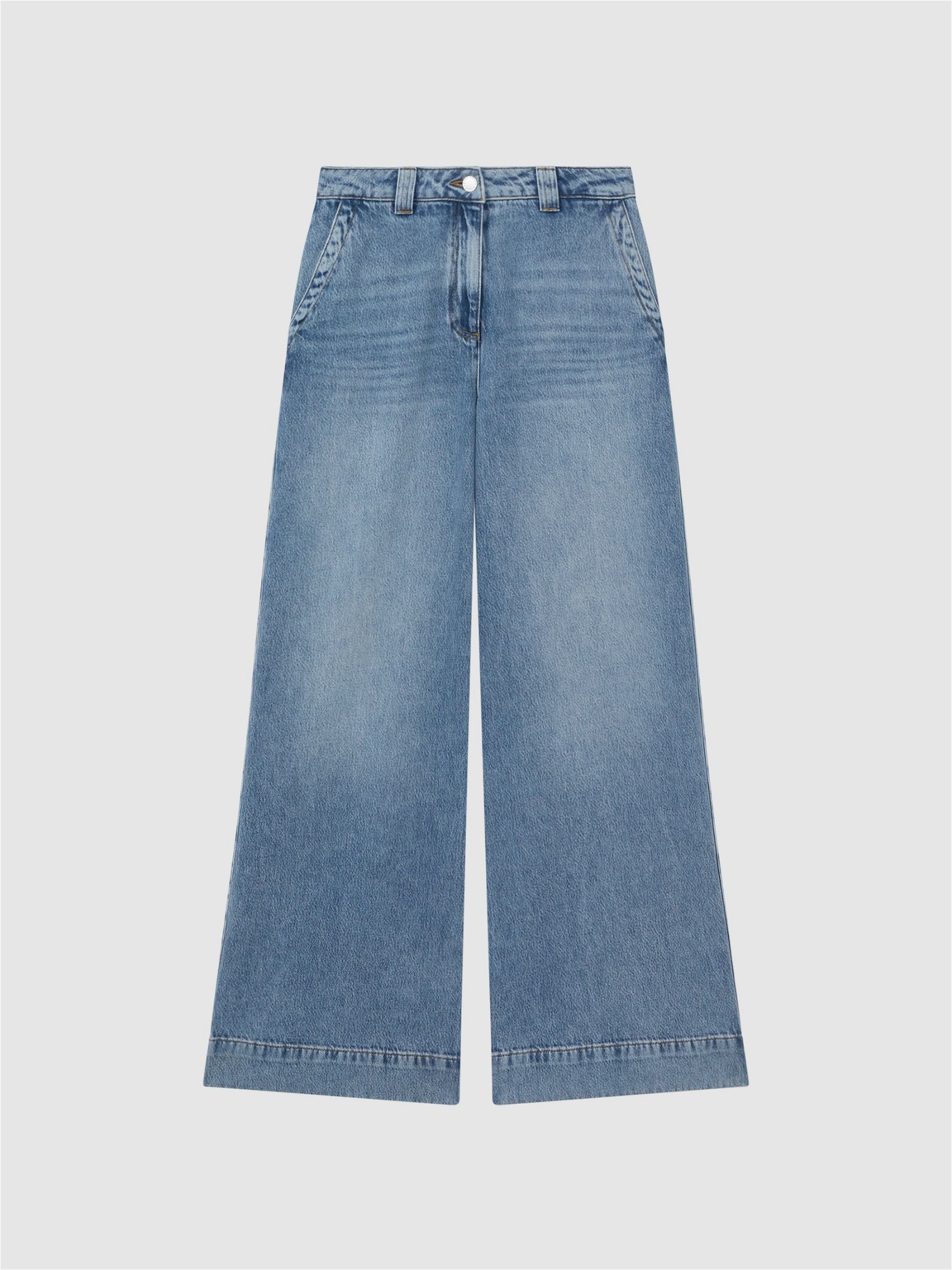REISS Olivia Wide Leg Contrast Stitch Jeans in Light Blue | Endource