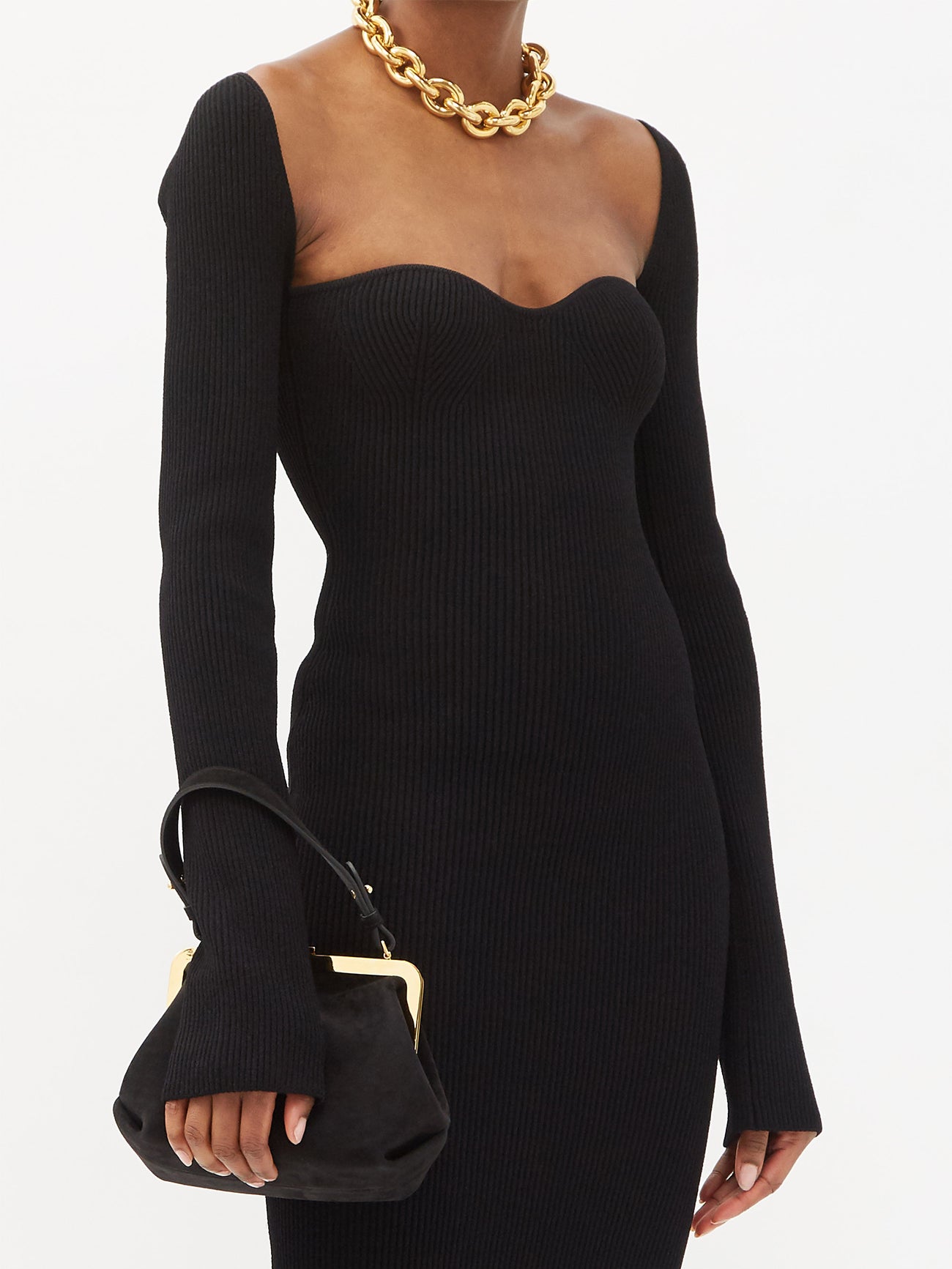 KHAITE Beth Sweetheart-Neck Ribbed-Knit Midi Dress | endource