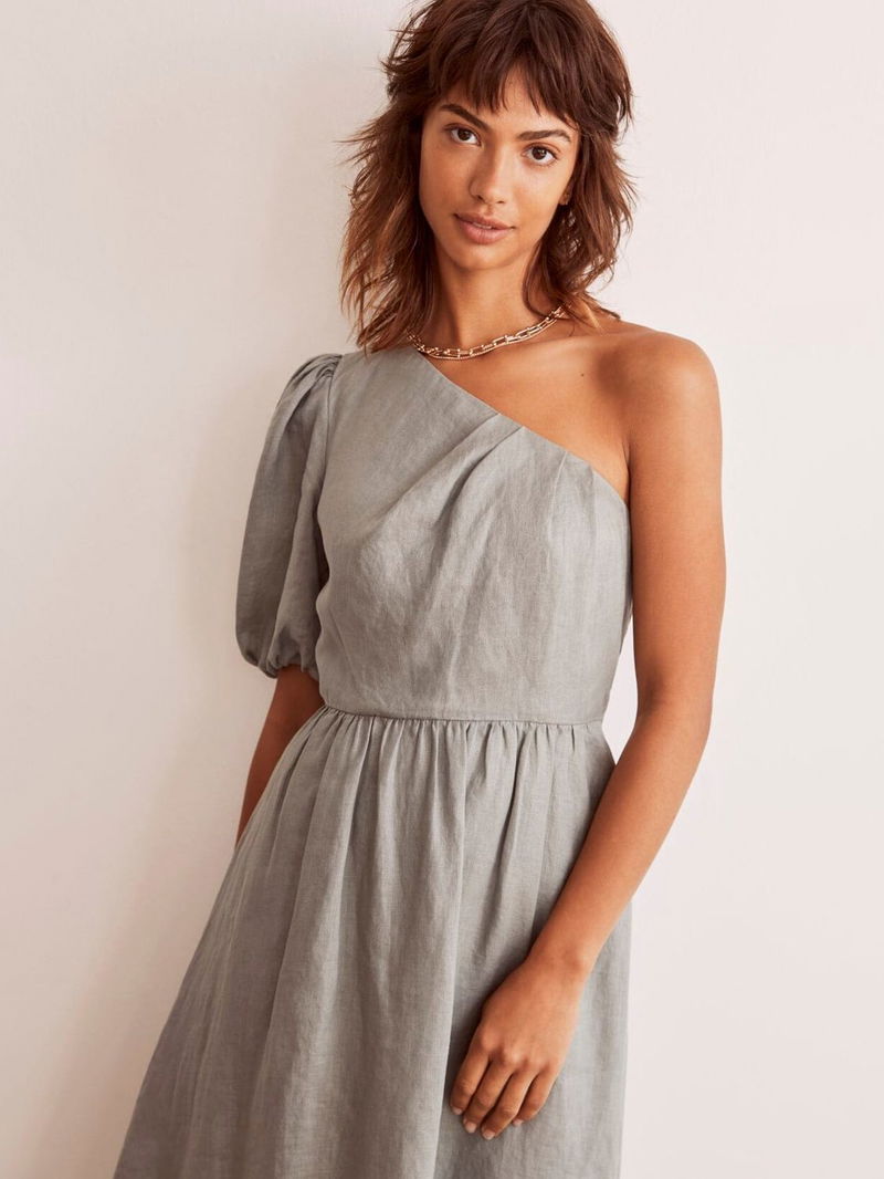 mint one shoulder draped midi dress Giannie Draped Midi Dress / Aqua Grey | MESHKI
