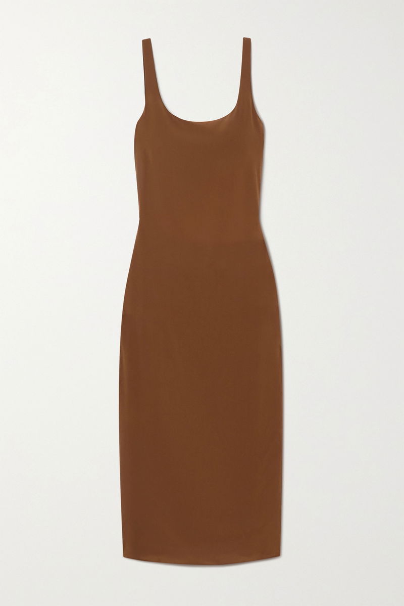 MATTEAU Silk Crepe De Chine Midi Dress in Brown