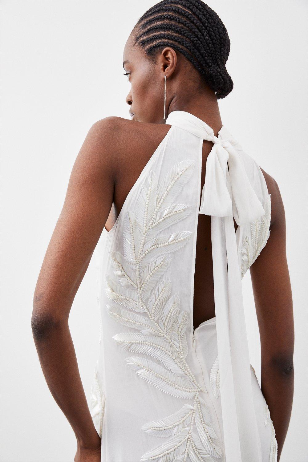 KAREN MILLEN Halter Neck Feather Sequin Detail Woven Maxi Dress | endource
