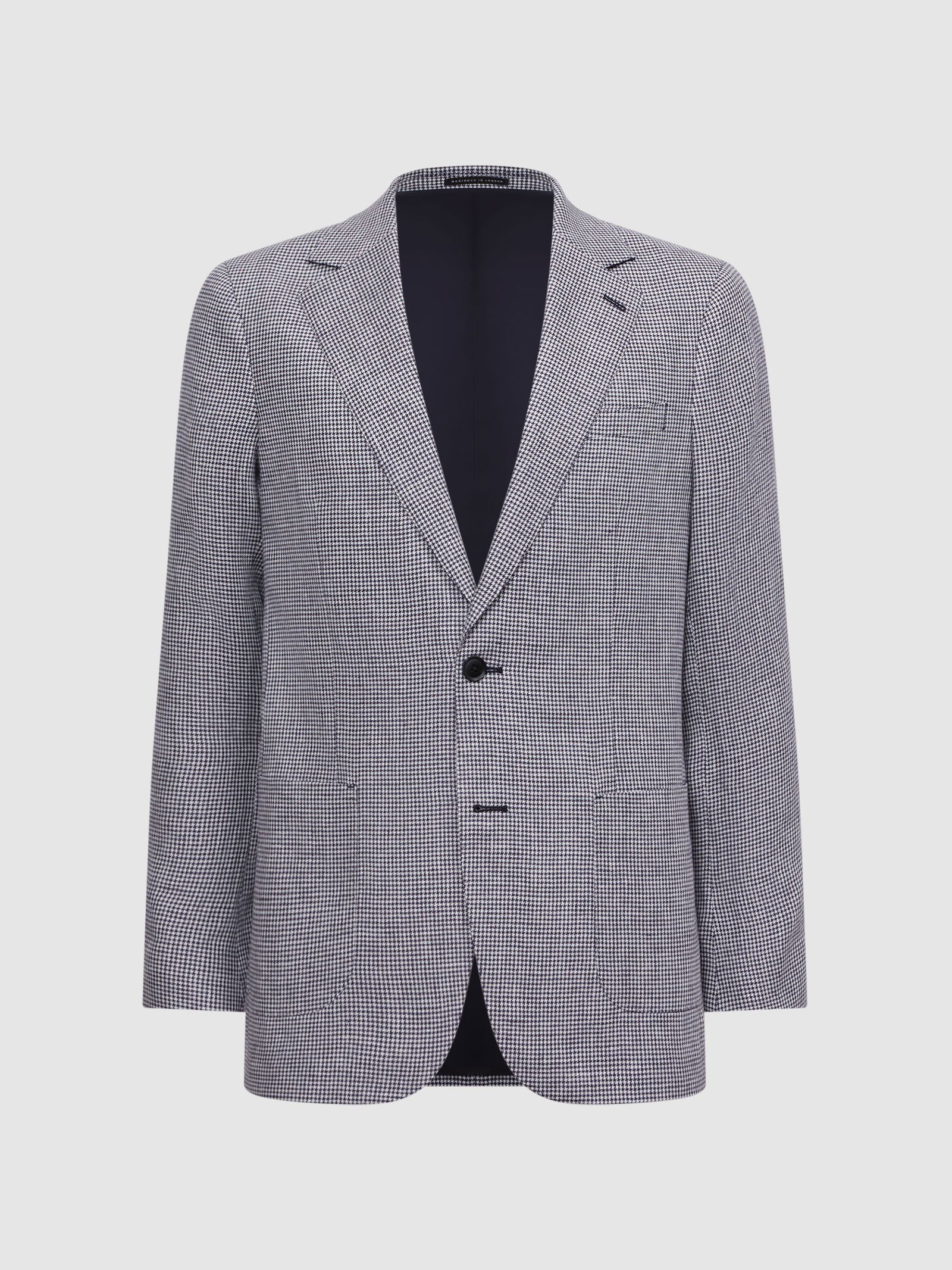 REISS Squad Linen Single Breasted Dogtooth Blazer in Navy | endource