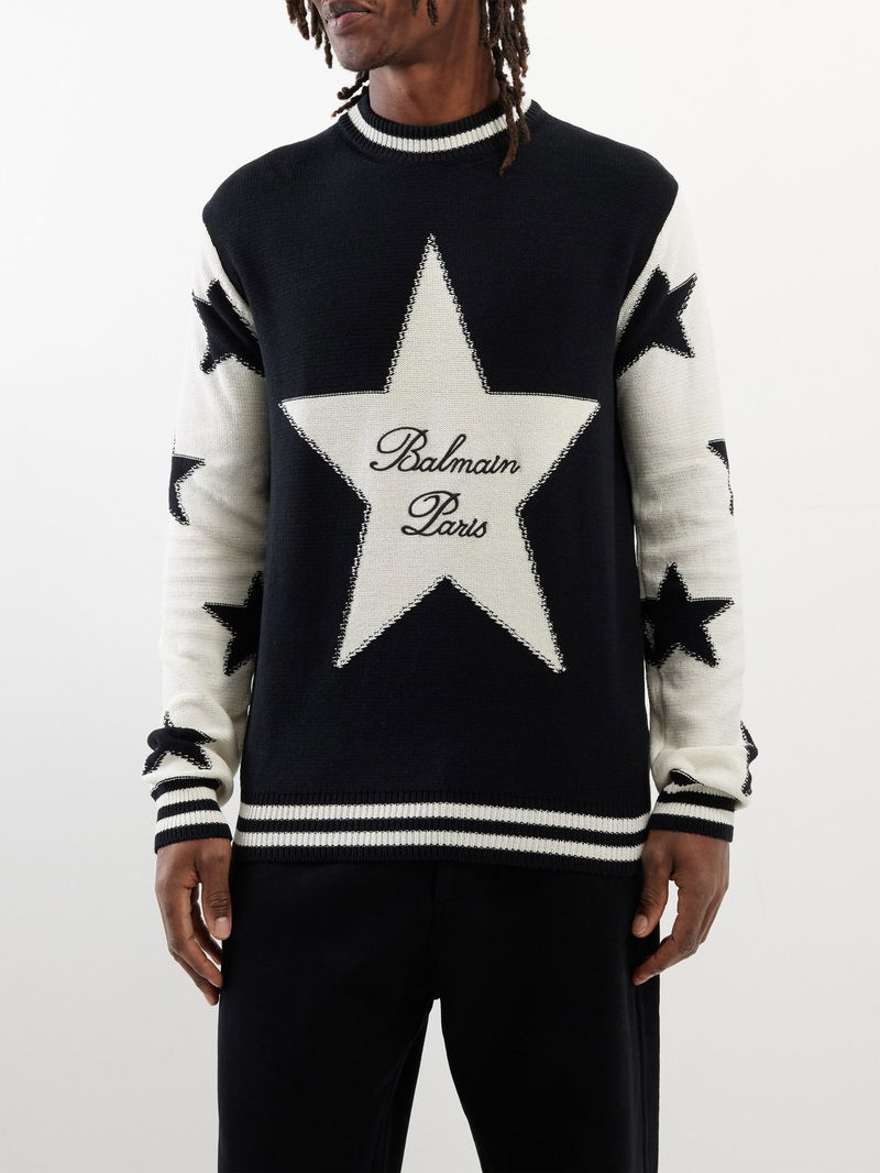 BALMAIN Star-Jacquard Knitted Sweater in Black