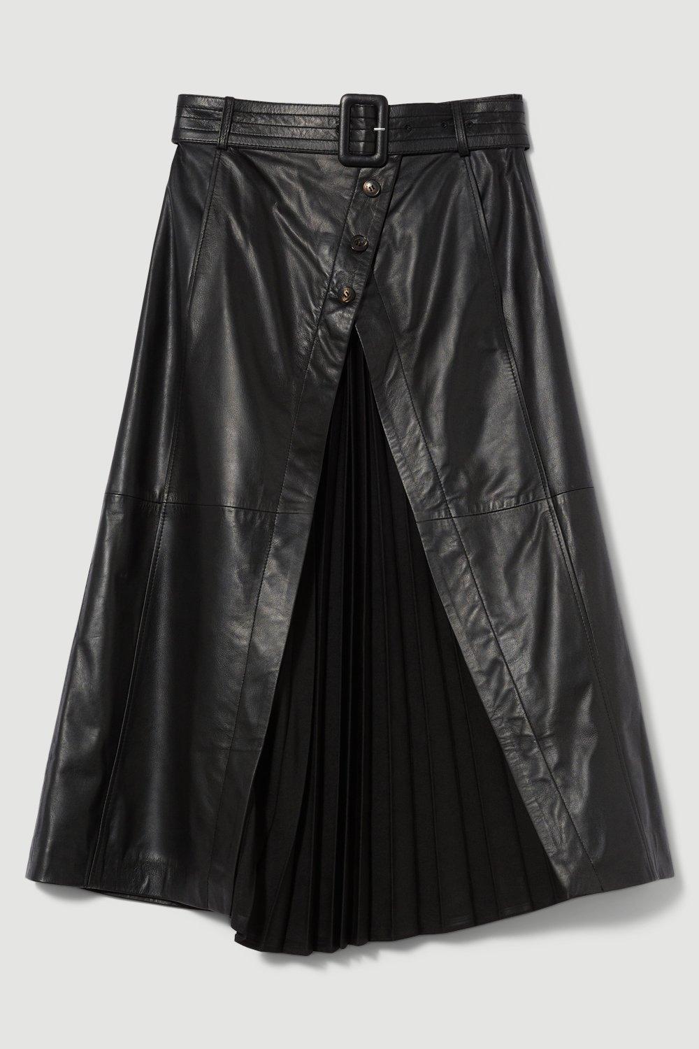 Lace Detail Leather Belted Midi Skirt