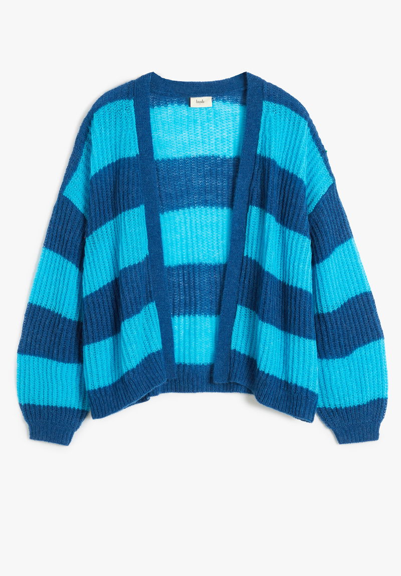 HUSH Abby Striped Edge To Edge Cardigan in Cyan Blue / Blue