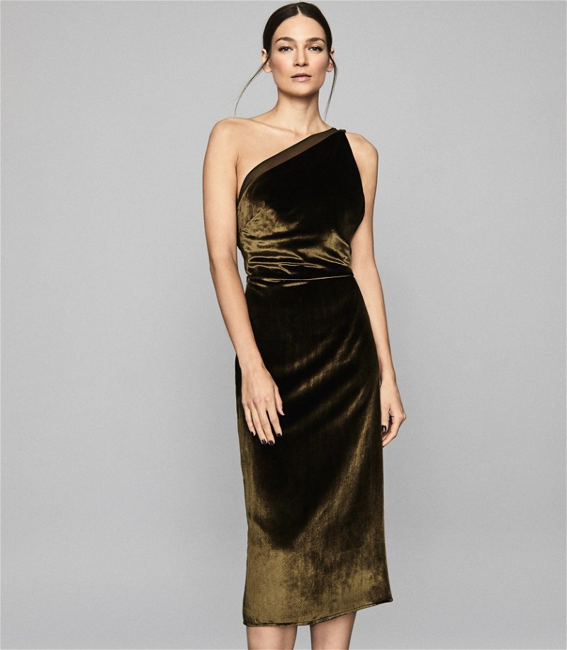 REISS Eden Velvet One Shoulder Dress in Khaki | Endource