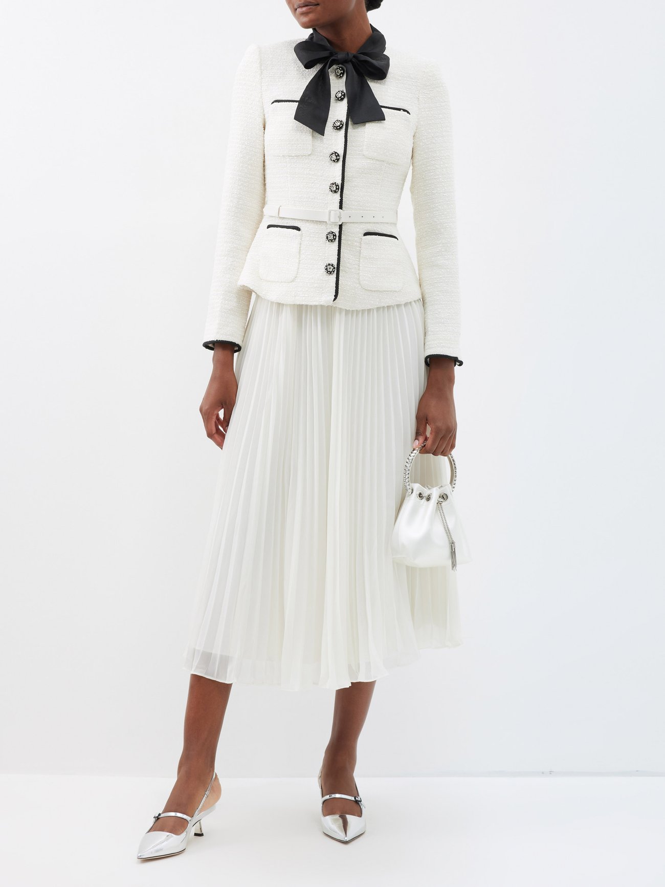 SELF-PORTRAIT Pussy-Bow Boucl-Tweed And Chiffon Midi Dress | endource